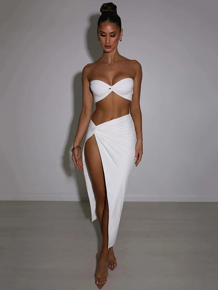 Elegant Strapless Two Piece Midi Dress
