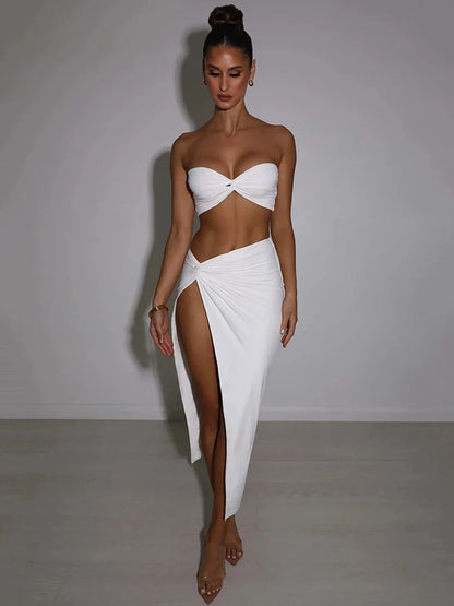 Elegant Strapless Two Piece Midi Dress