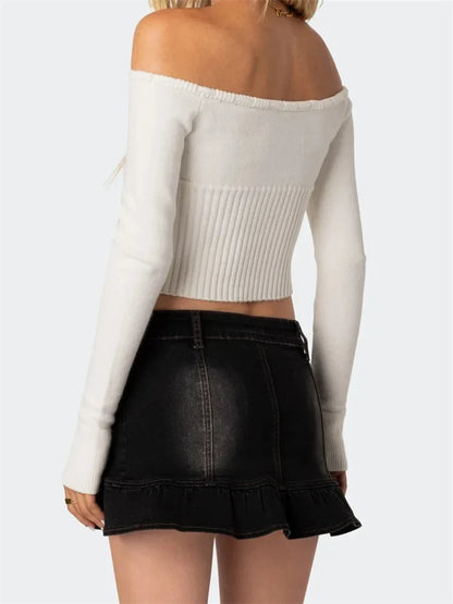 Off-Shoulder Crop Knitwear Solid Color Long Sleeve Tie-up Slim Fit T-shirts