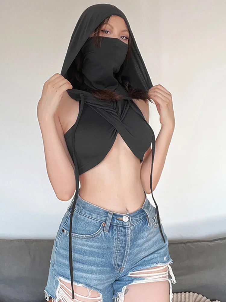 Summer Fashion Trend Solid Colour Y2k Tops New Casual Hooded Lace-Up Crop Top Sexy Slim High Neck Sleeveless Women Clothing