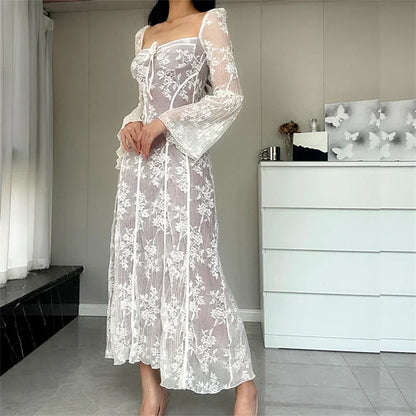 Square Neck Tie Detail Lace Bell Sleeve Paneled Midi Dress