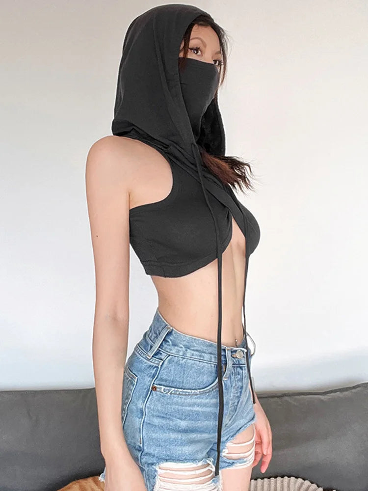 Summer Fashion Trend Solid Colour Y2k Tops New Casual Hooded Lace-Up Crop Top Sexy Slim High Neck Sleeveless Women Clothing