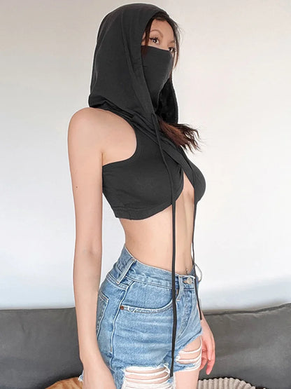 Summer Fashion Trend Solid Colour Y2k Tops New Casual Hooded Lace-Up Crop Top Sexy Slim High Neck Sleeveless Women Clothing