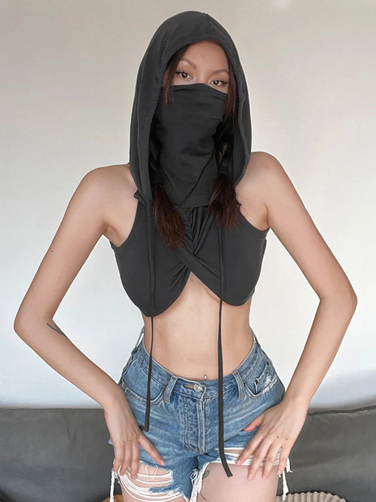 Summer Fashion Trend Solid Colour Y2k Tops New Casual Hooded Lace-Up Crop Top Sexy Slim High Neck Sleeveless Women Clothing