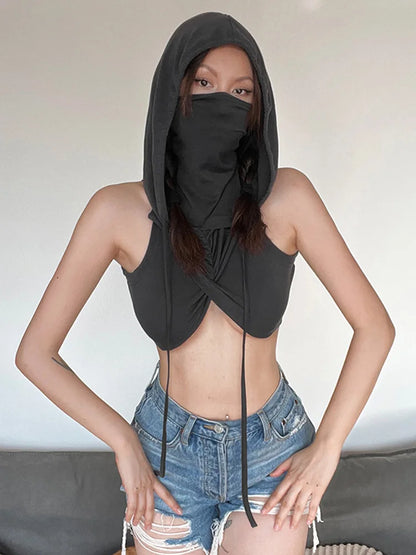 Summer Fashion Trend Solid Colour Y2k Tops New Casual Hooded Lace-Up Crop Top Sexy Slim High Neck Sleeveless Women Clothing