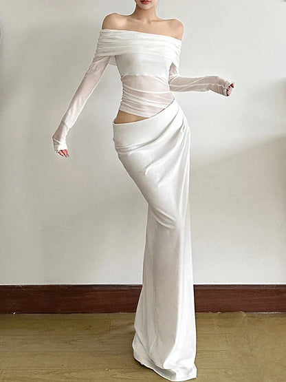 Off Shoulder Mesh Panel Waist Cutout Long Sleeve Maxi Dress