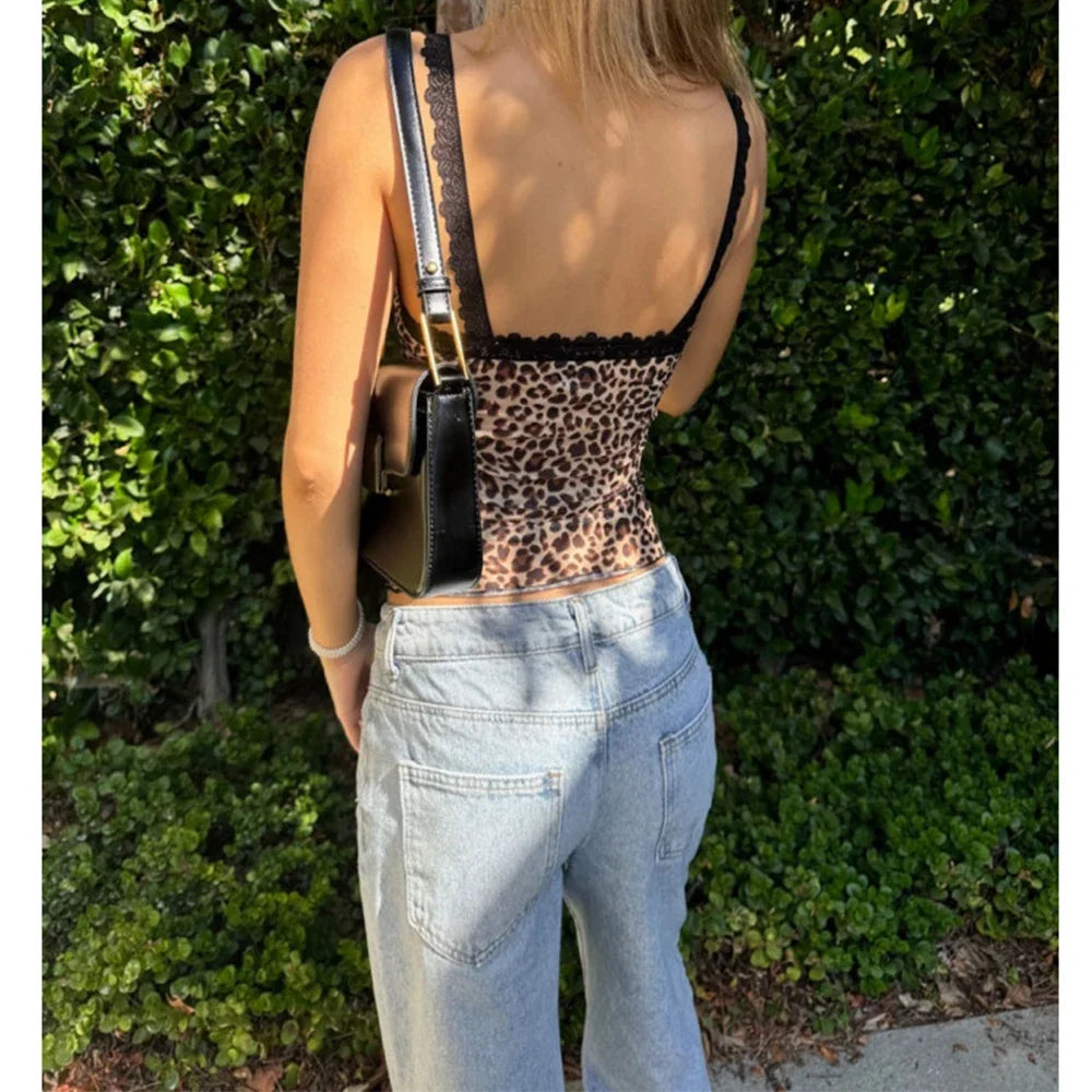 Lace Trim Leopard Print Grunge Cami Top