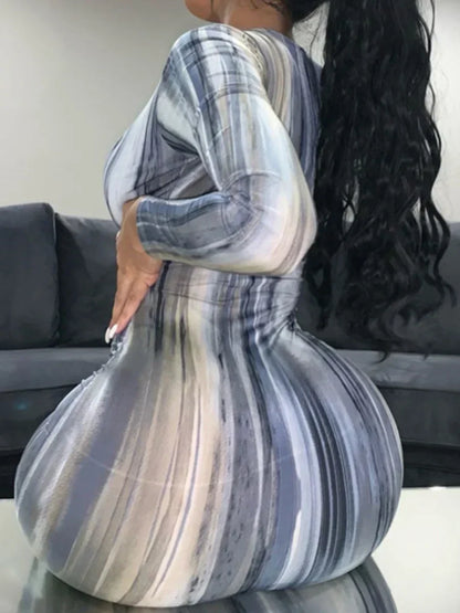 Abstract Brushstroke Print Deep V-Neck Long Sleeve Bodycon Maxi Dress