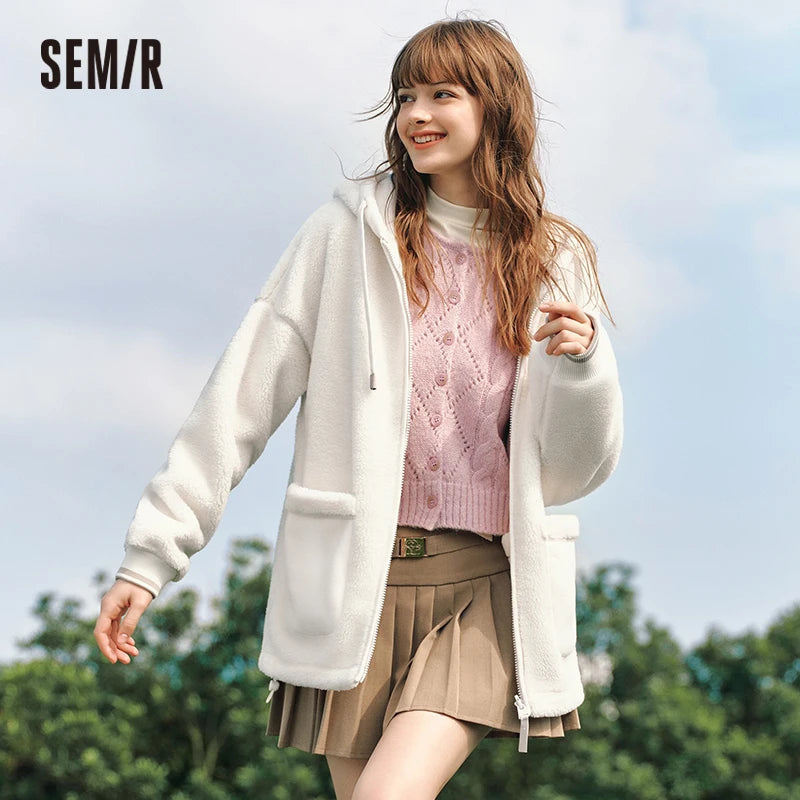 Coat Women Imitation Lamb Wool Polar Fleece Double-Sided Wear Loose New Winter Contrast Color Simple Hooded Jacket