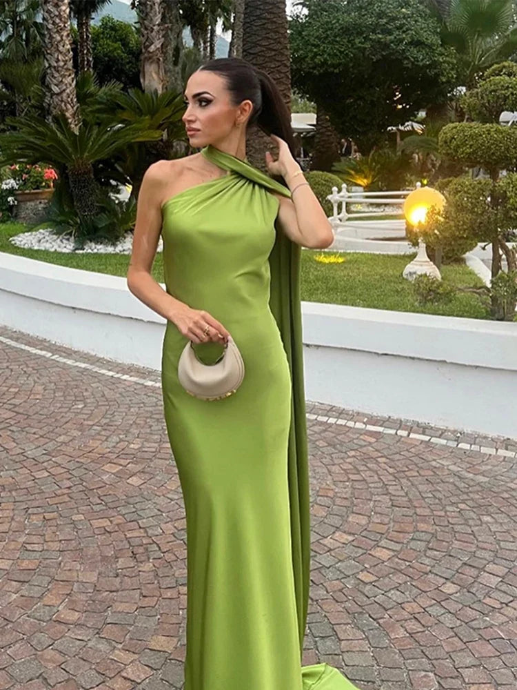 Solid Ribbon Halter Off Shoulder Silk Dress