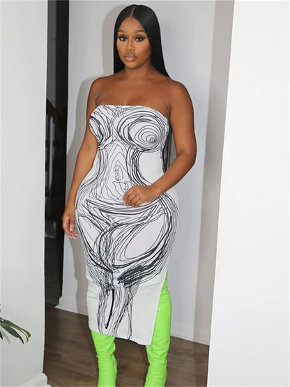 Abstract Line Art Print Strapless Tube Side Slit Midi Dress