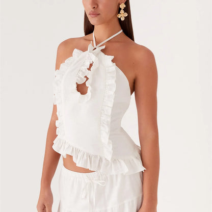 Ruffle Frill Cute Y2K Front Cut-out Backless Cami Top