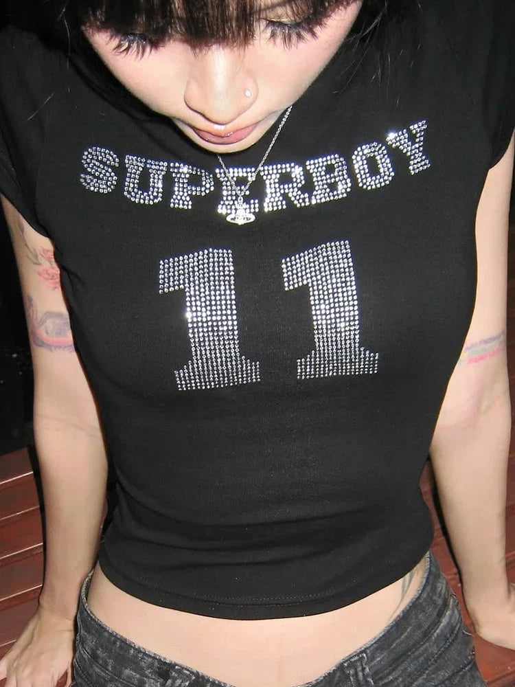 Fake Diamond Digit Print Crop Top