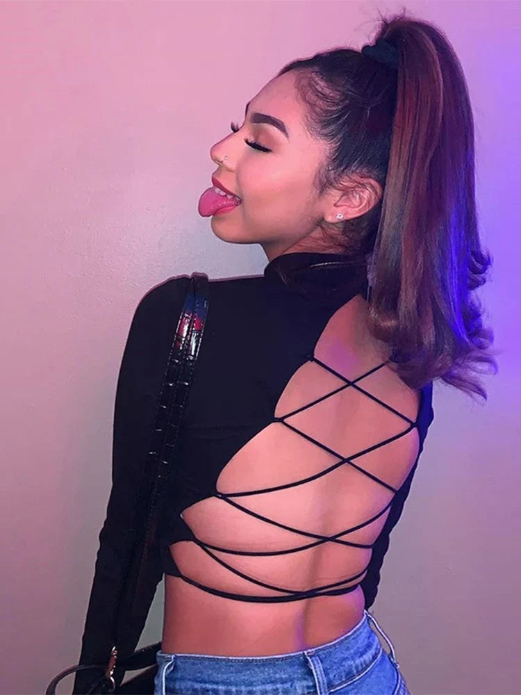 Hollow Out Long Sleeve Bandage Crop Top
