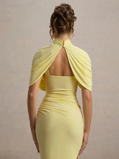 High Neck Diamond Open Back Ruched Cape Sleeve Asymmetric Hem Midi Dress