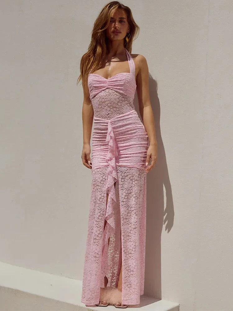 Lace Satin Halter Ruched Maxi Dress