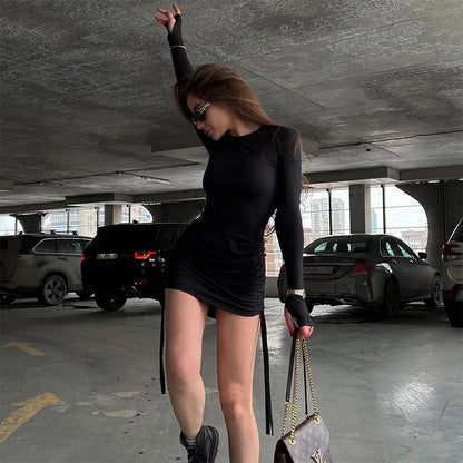 Crew Neck Thumbhole Cuff Side Drawstring Ruched Long Sleeve Mini Dress