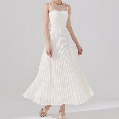 Cold Shoulder Frayed Strap Textured Pleated Corset Bodice Maxi Dress