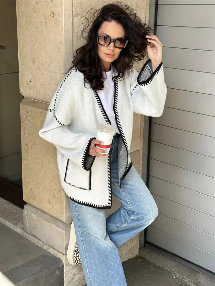 Knit Contrast Cardigan Sweater For Women Lace-Up Pocket Long Sleeve Patchwork Loose Coat Autumn Knitwear Women’s Outwear
