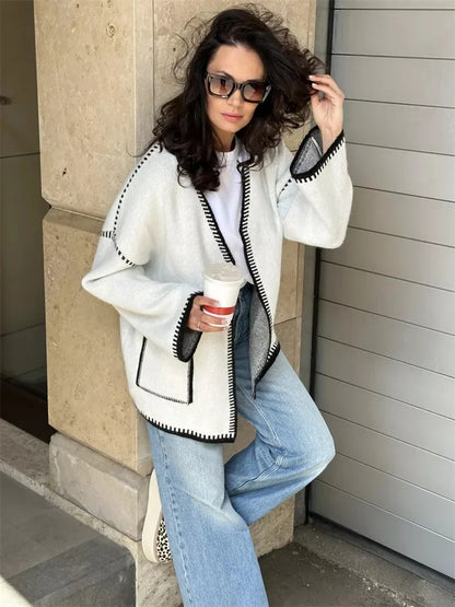 Knit Contrast Cardigan Sweater For Women Lace-Up Pocket Long Sleeve Patchwork Loose Coat Autumn Knitwear Women’s Outwear
