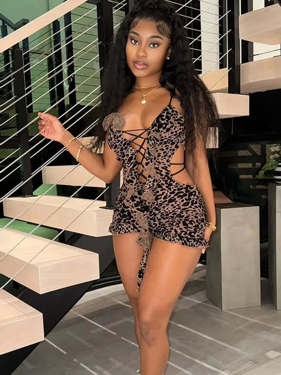 Leopard Flocking Tassel V-neck Romper