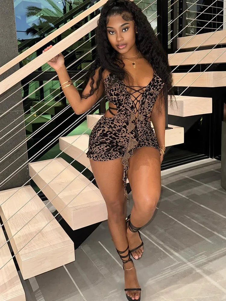 Leopard Flocking Tassel V-neck Romper