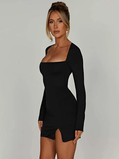 Square Neck Long Sleeve Thigh Slit Bodycon Mini Dress