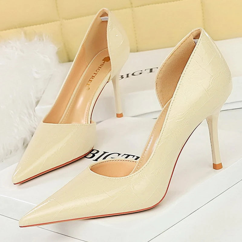 Shoes Women 8 Cm Patent Leather Design Women Pumps Pointed Side Hollow Retro High Heels Stilettos Sexy Party Shoes 43