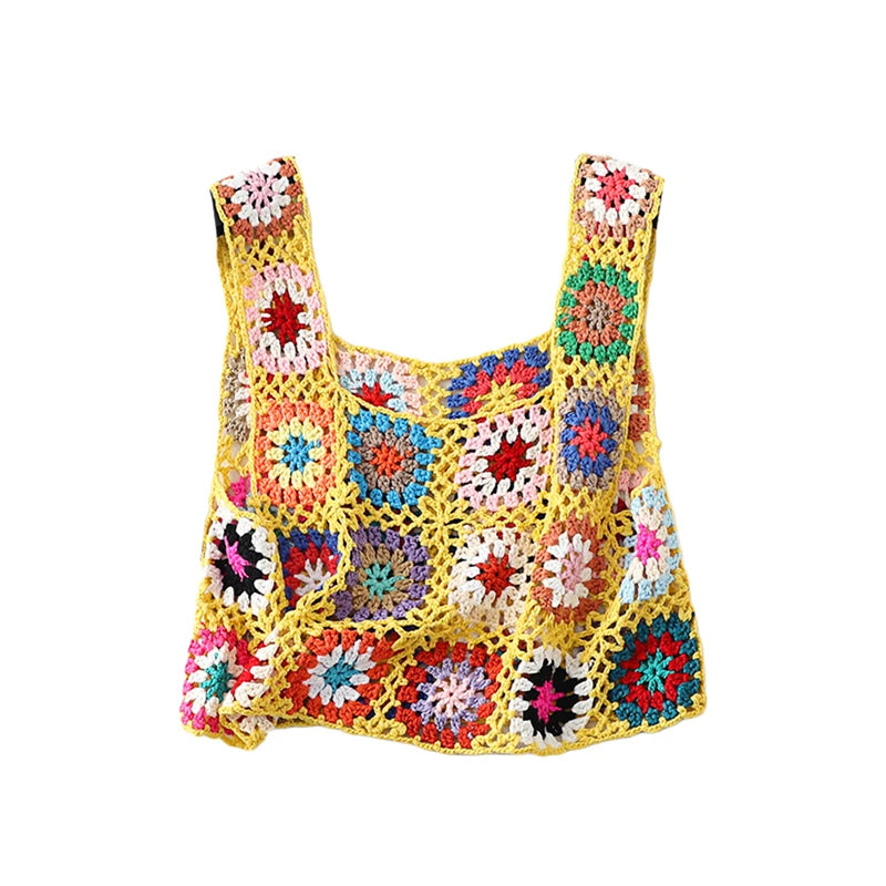Knitted Crochet Crop Top 2000s Women Floral Embroidery Hollow Out Sleeveless Tshirt Vest y2k Beach Clothes Streetwear