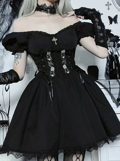 Gothic Lolita Lace Up Corset Embroidery Puff Sleeve Lace Hem Mini Dress