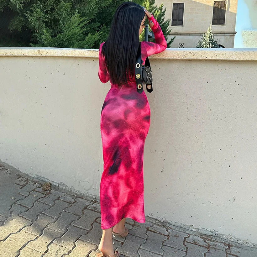 Tie Dye Long Sleeve Wrap Midi Dress