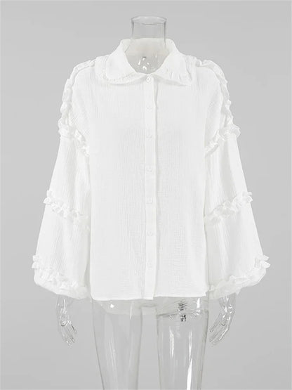Ruffled White Loose Shirts For Women Long Sleeve Elegant Fashion Autumn Solid Casual Outwear Female Shirts Coat Summer New