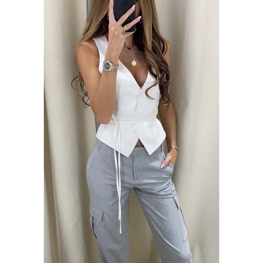 Lace Up Sleeveless White Blouse