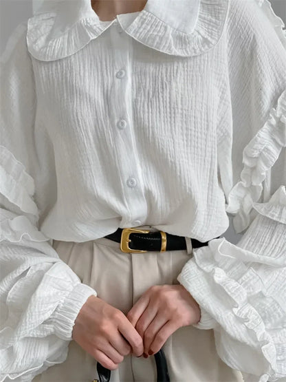 Ruffled White Loose Shirts For Women Long Sleeve Elegant Fashion Autumn Solid Casual Outwear Female Shirts Coat Summer New