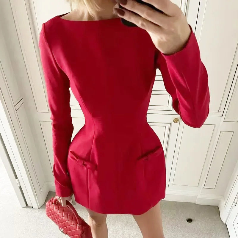 Bows Splice Long Sleeve Mini Dress Elegant Office Woman Solid Bodycon Club Party Dresses Autumn High Waist Fashion