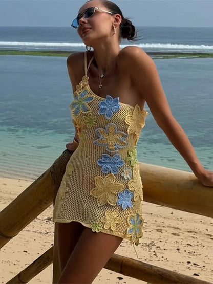 Embroidery Crochet Strap Hollow Mini Dress
