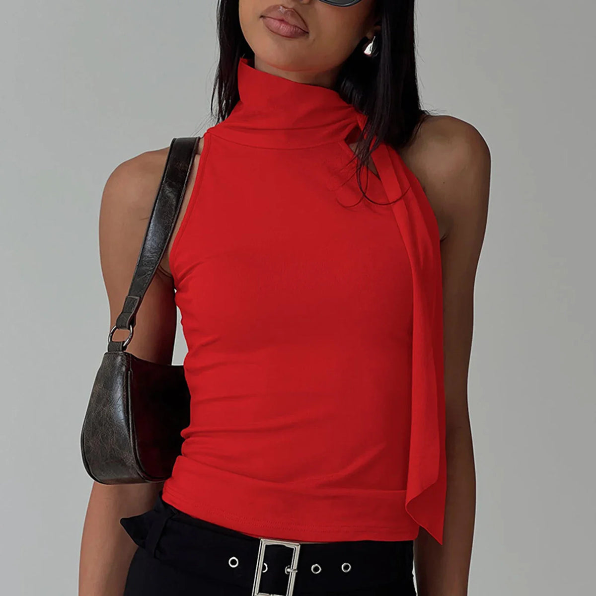 Y2K Mock Neck Solid Color Slim Fit Cami Top