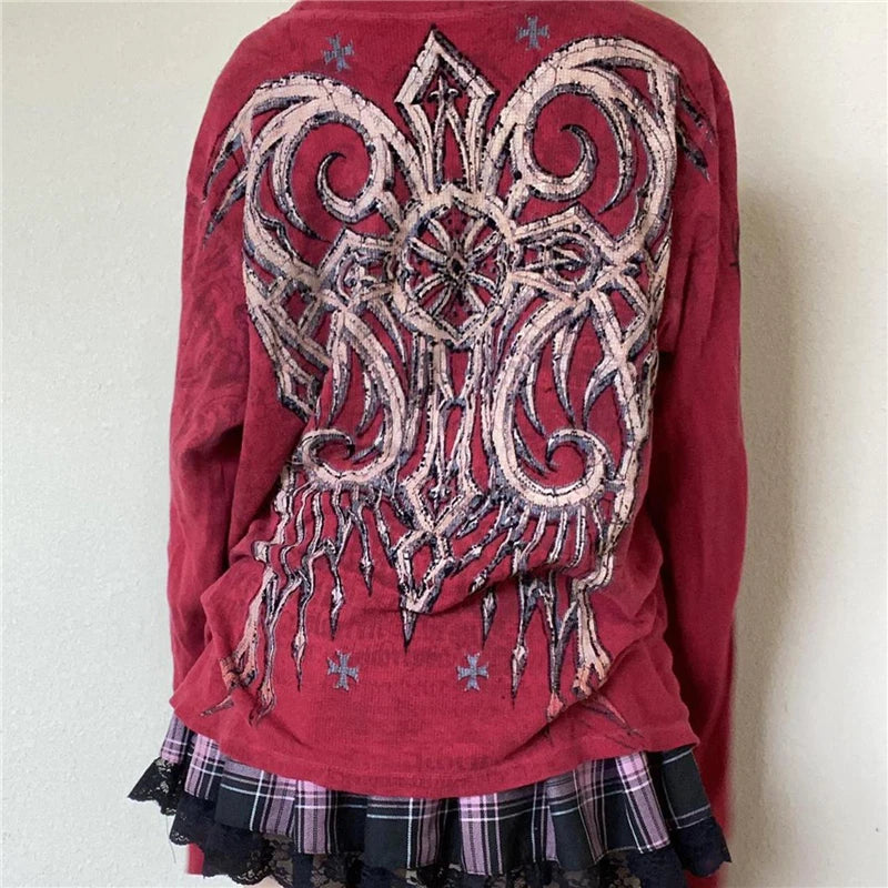 Fairy Grunge y2k Top Women Gothic Graphic Print Round Neck Long Sleeve T Shirt Emo Clothes 2000s Clothing Streetwear