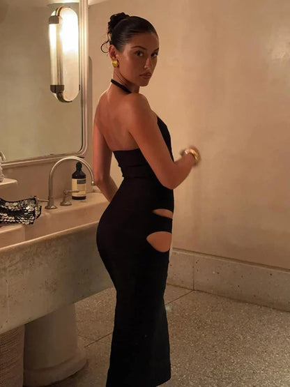 Halter Deep V-Neck Side Cutout Bodycon Midi Dress