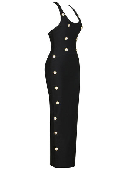 Halter Neck Metal Button Front Bodycon Bandage Maxi Dress