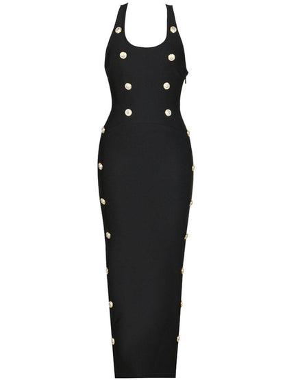 Halter Neck Metal Button Front Bodycon Bandage Maxi Dress