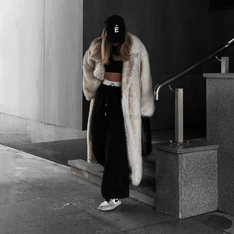 Vintage Luxury Long Faux Fox Fur Coat Women Winter Warm Fluffy Fur Jacket Female Street Furry Outerwear Overcoat