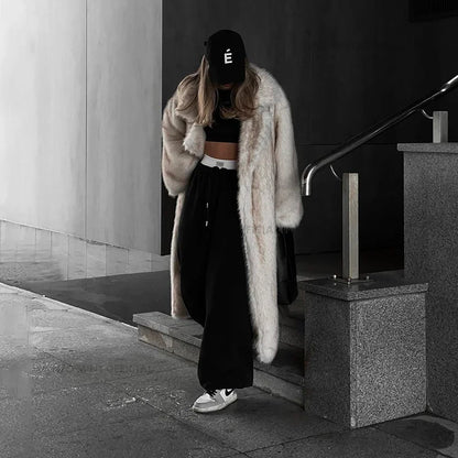 Vintage Luxury Long Faux Fox Fur Coat Women Winter Warm Fluffy Fur Jacket Female Street Furry Outerwear Overcoat