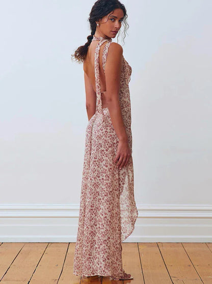 Halter Neck Ditsy Floral Print Tie Back Shoulder Streamer Backless Maxi Dress