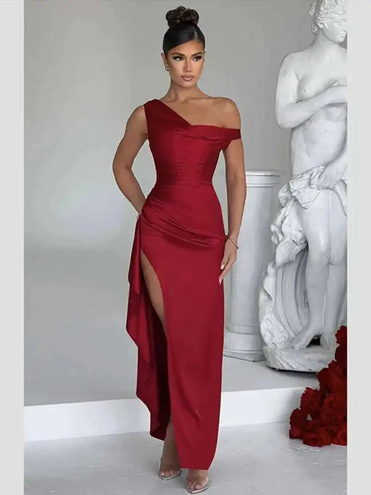 One Shoulder Ruched Draped Satin High Slit Bodycon Maxi Dress