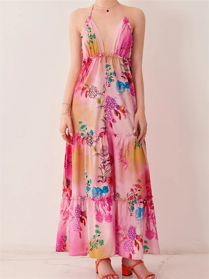 Floral Print Halter Deep V-Neck Tiered Ruffle Trim Maxi Dress