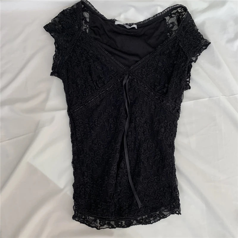 y2k Fairycore Grunge T Shirt Summer Woman V Neck Lace Crop Tops Kawaii Aesthetic Tee Lolita Sweet Pullover Tops