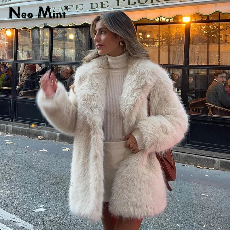 Lapels Faux Fur Coat Women Winter Brand Designer Fluffy Fox Fur Jacket Luxury Furry Overcoats Girl Stylish Long Outerwear
