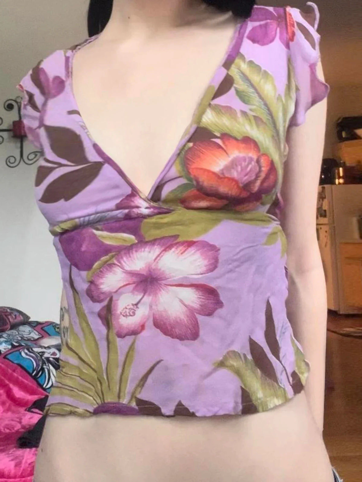 Butterfly Sleeve Slim Fit V-Neck Blouse Crop Top