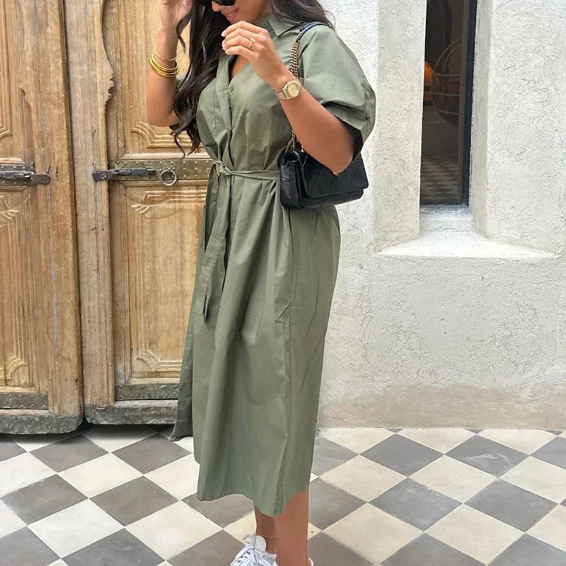 Lapel Tie Up Short Sleeve Single Breasted Long Work Dress